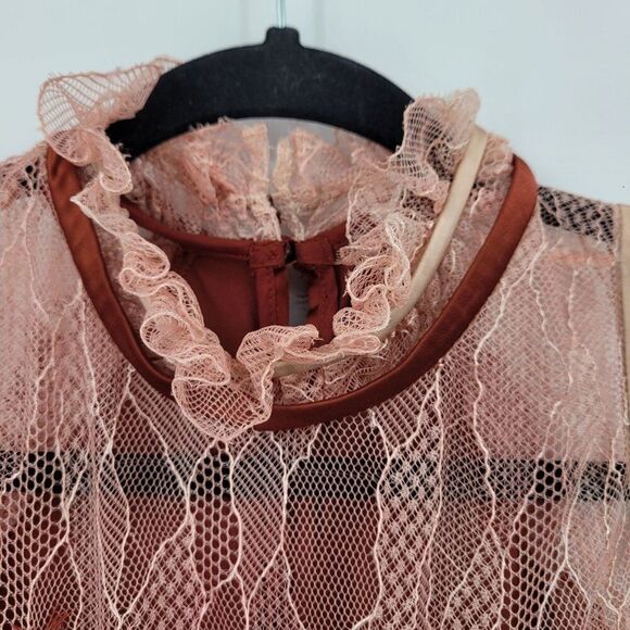Jonathan Simkhai Feminine Ruffled Lace Top Blouse Sz M Rust Sheer Sleeveless - Picture 6 of 11